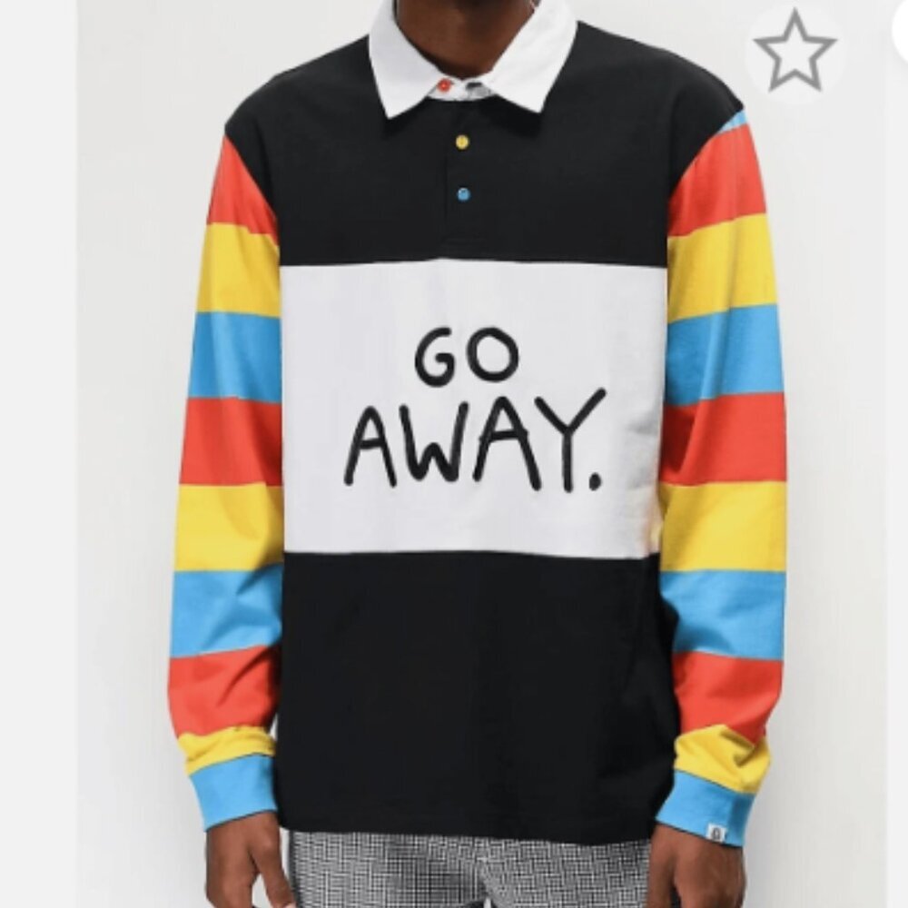 Salem7 Go Away Black, White & Multicolor Long Sleeve Polo Shirt MEDIUM Unisex